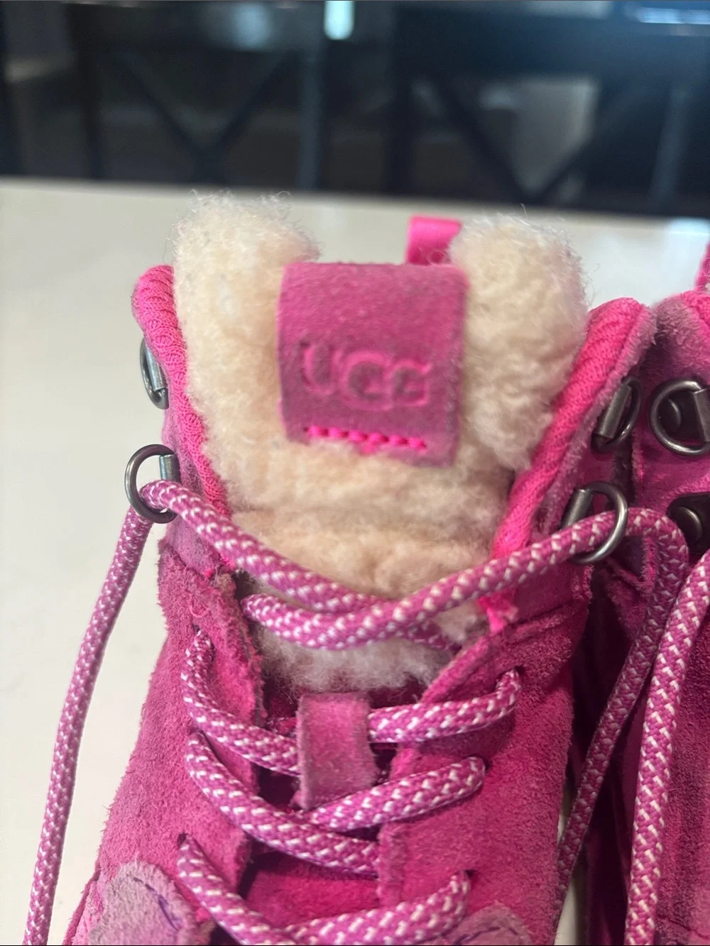 UGG Kids Hot Pink Suede Shearling-Lined Lace-Up Boots